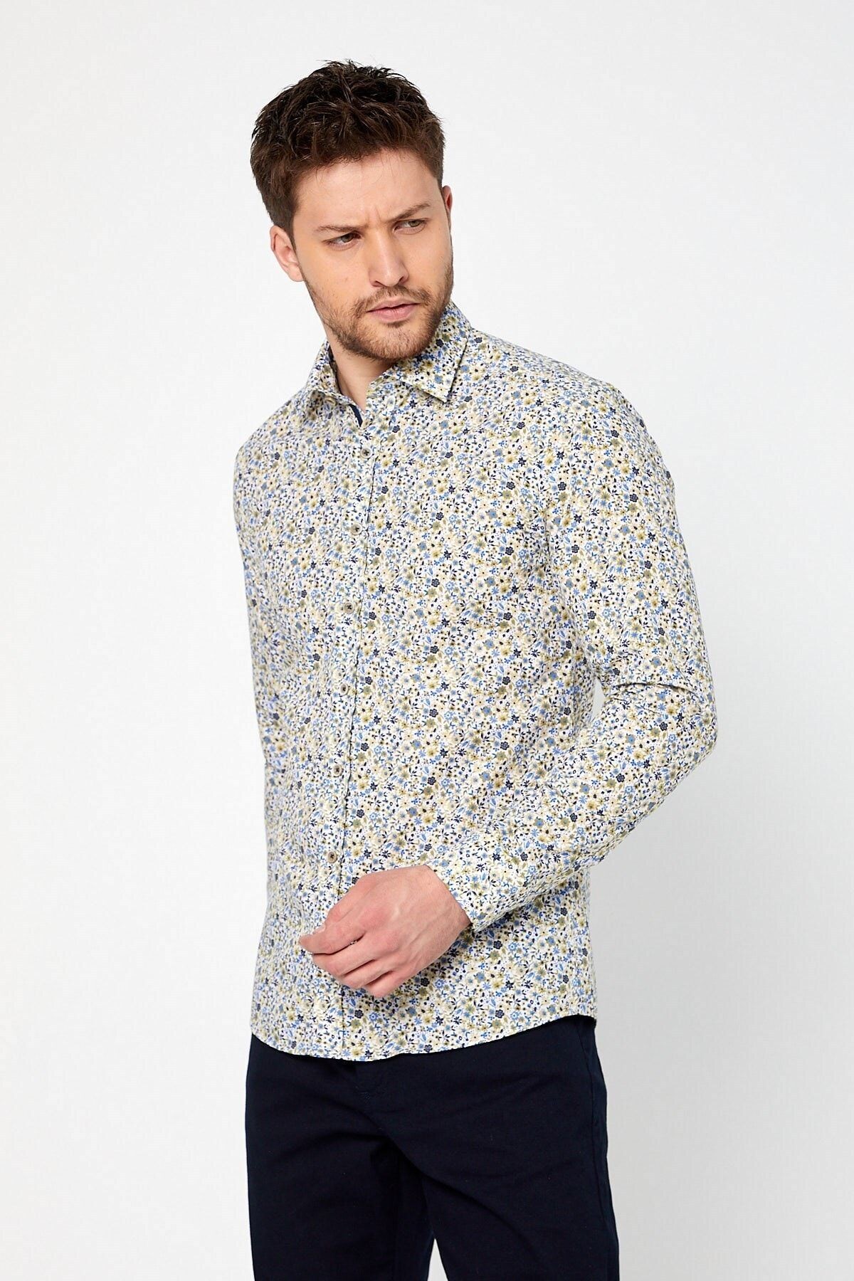 Yeşil Çiçek Baskılı Slim Fit Uzun Kol Gömlek