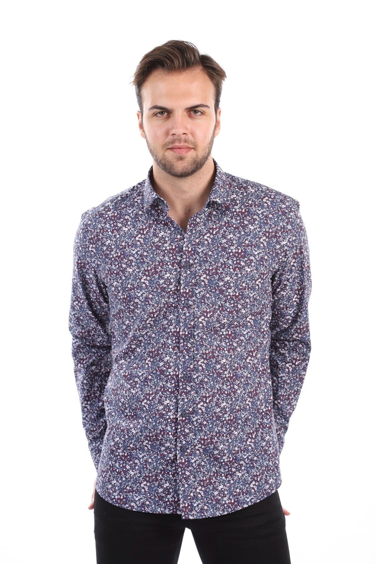 Baskılı Lacivert Slim Fit Gömlek