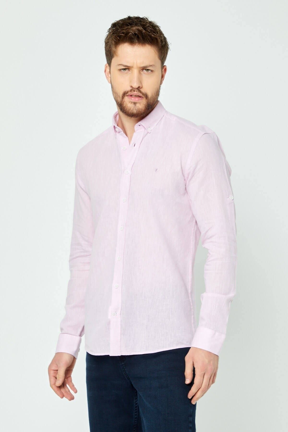 Pembe Slim Fit Uzun Kol Keten Gömlek
