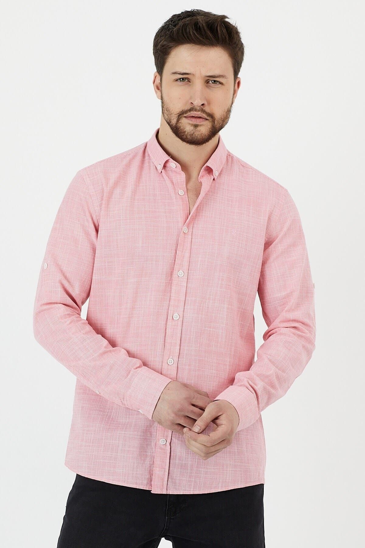 Pembe %100 Pamuk Slim Fit Uzun Kol Keten Gömlek