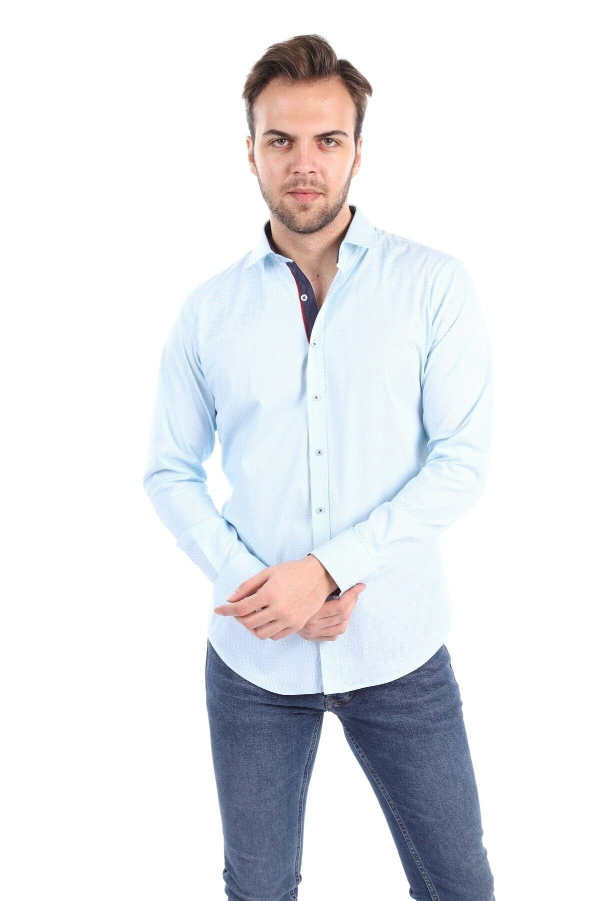 Baskılı Turkuaz Slim Fit Gömlek
