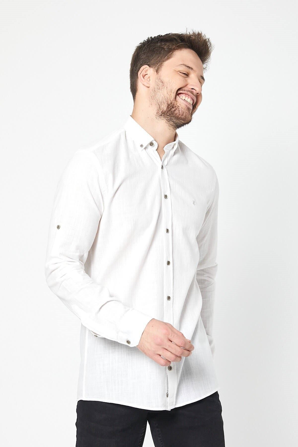 Keten Kırık Beyaz Slim Fit Uzun Kol Gömlek