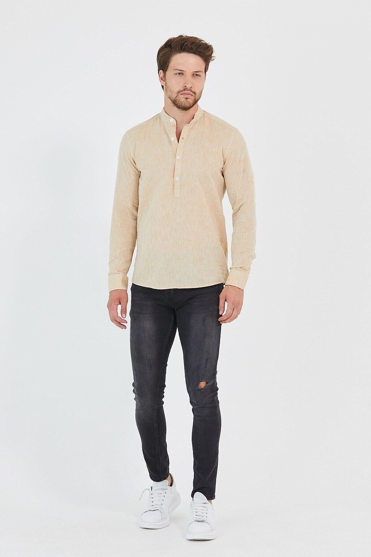 Keten Hakim Yaka Yarım Pat Bej Slim Fit Uzun Kol Gömlek