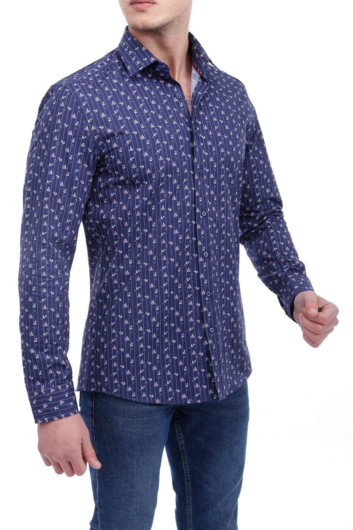 Baskılı Lacivert Slim Fit Gömlek
