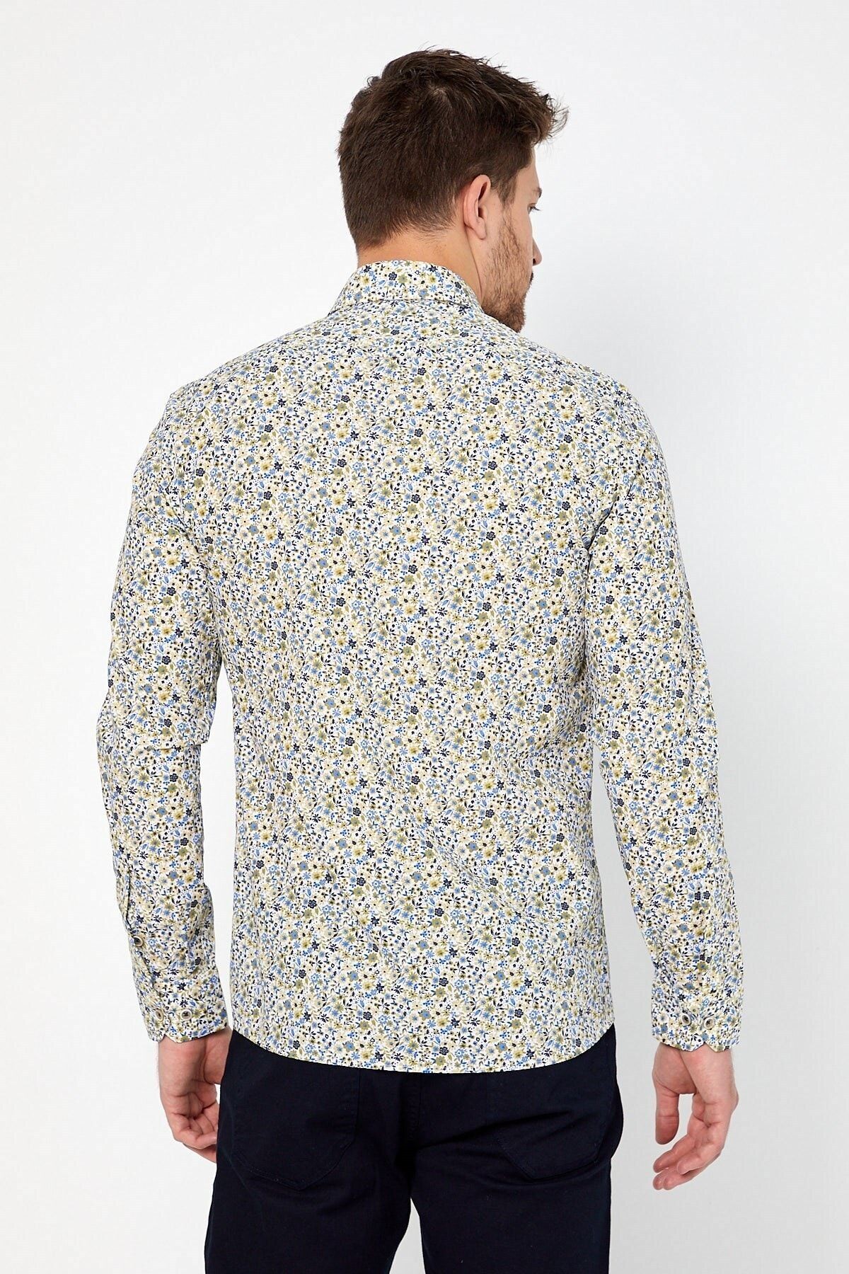 Yeşil Çiçek Baskılı Slim Fit Uzun Kol Gömlek