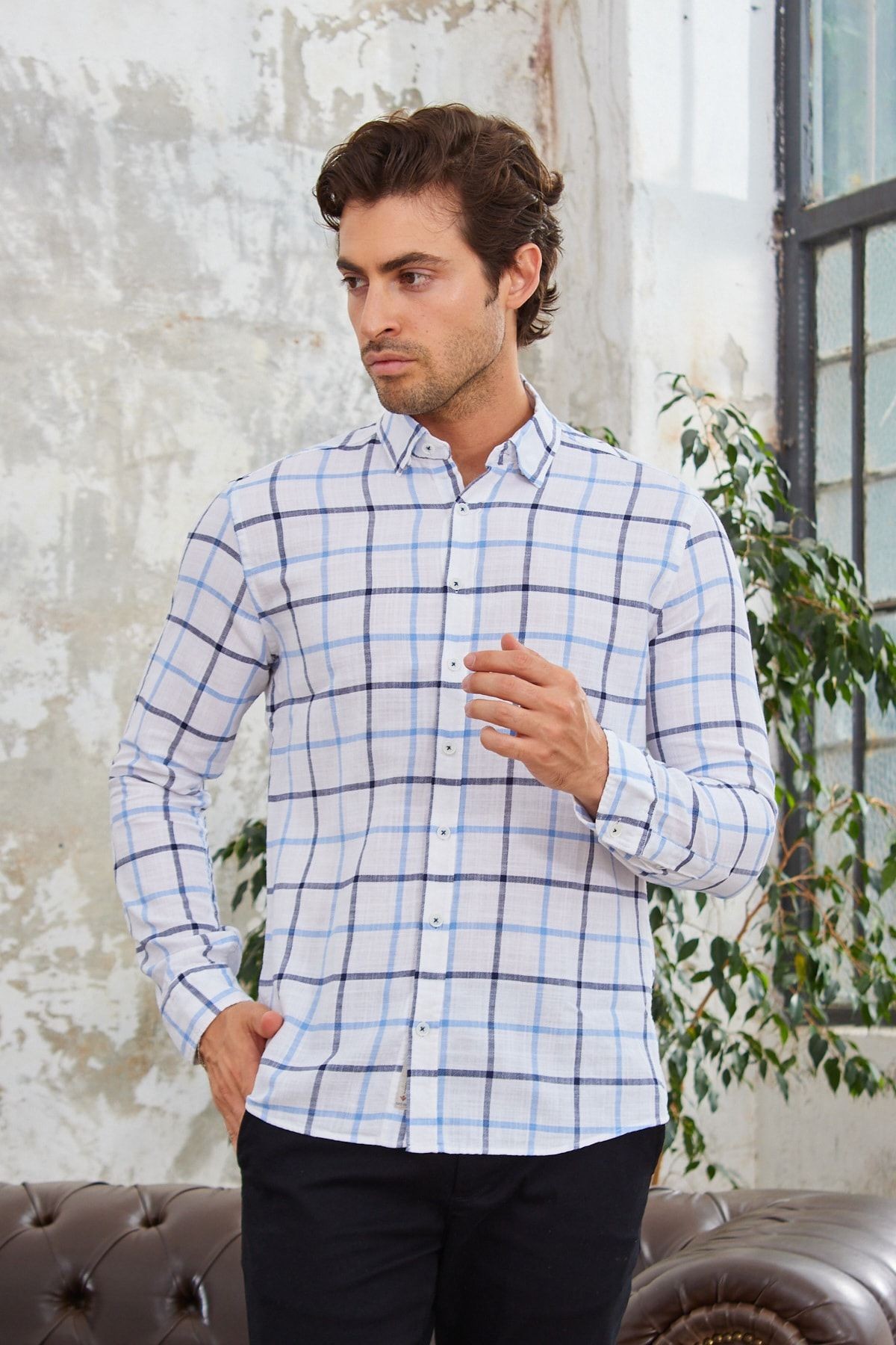 Ekose Desen Modern Slim Fit Pamuk Gömlek