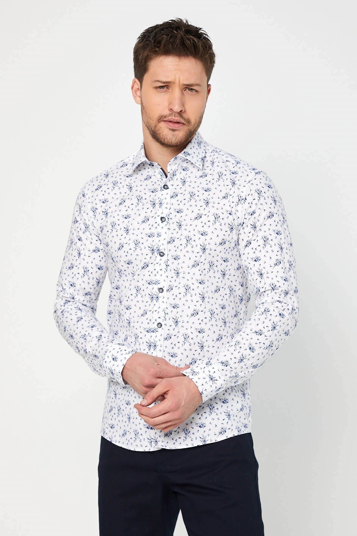 Lacivert Baskılı Beyaz Slim Fit Uzun Kol Gömlek