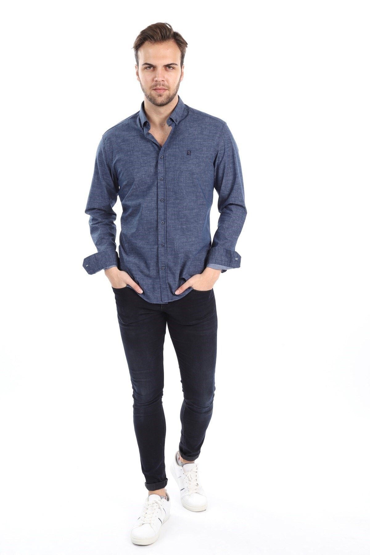 Baskılı Lacivert Slim Fit Gömlek