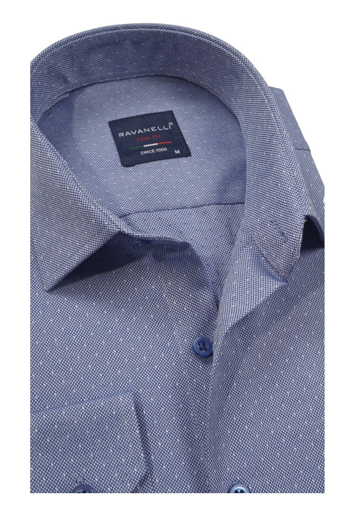 Erkek Mavi Slim Fit Armürlü Gömlek