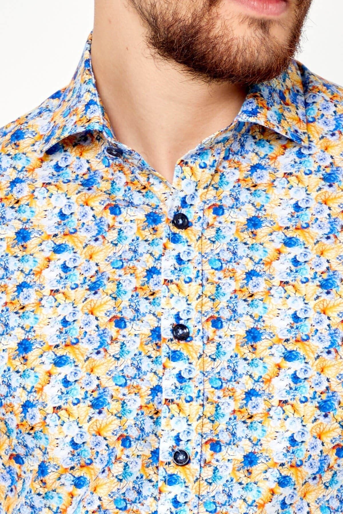 %100 Pamuk Sarı Çiçek Baskılı Slim Fit Uzun Kol Gömlek