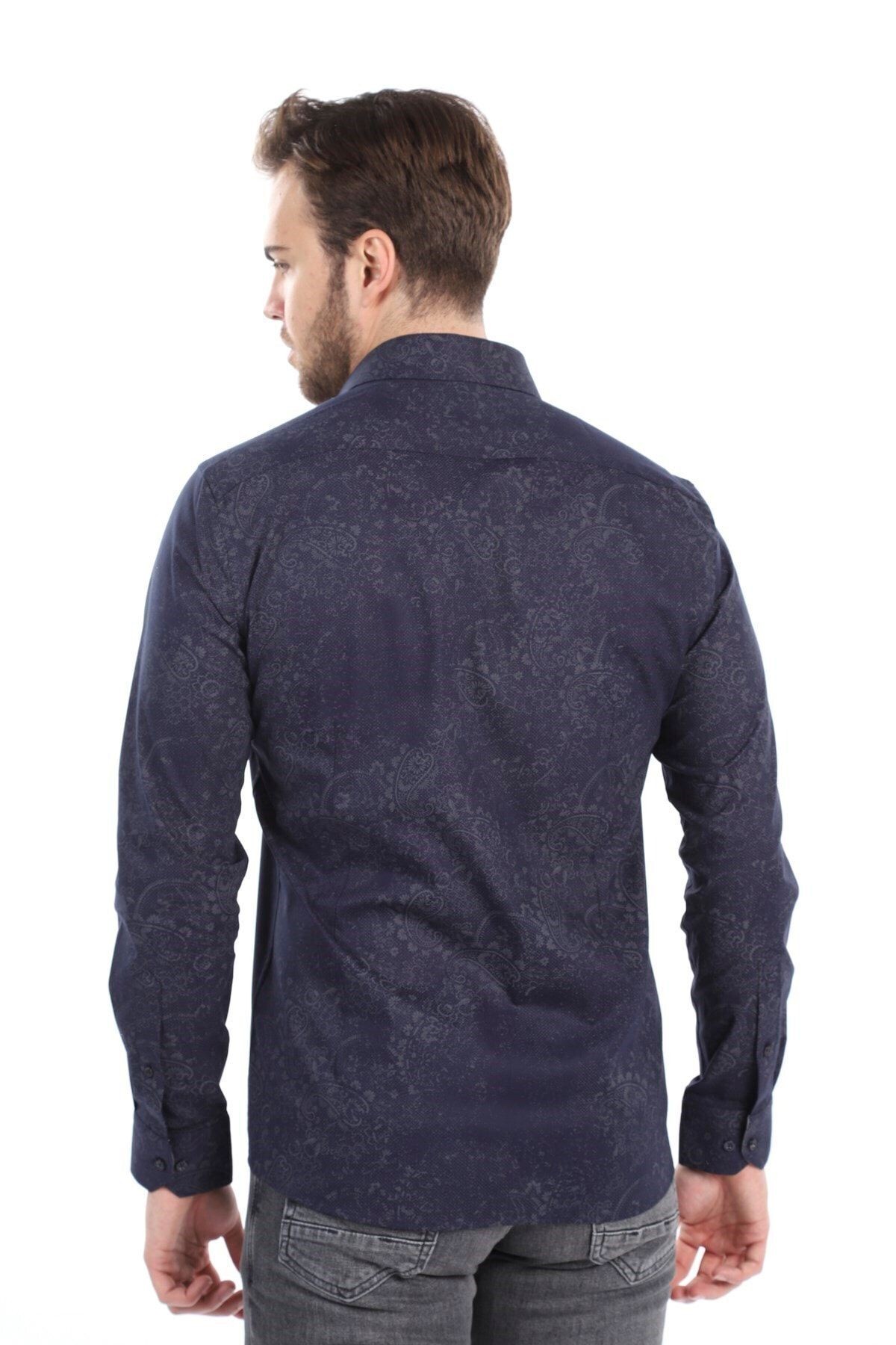 Baskılı Lacivert Slim Fit Gömlek