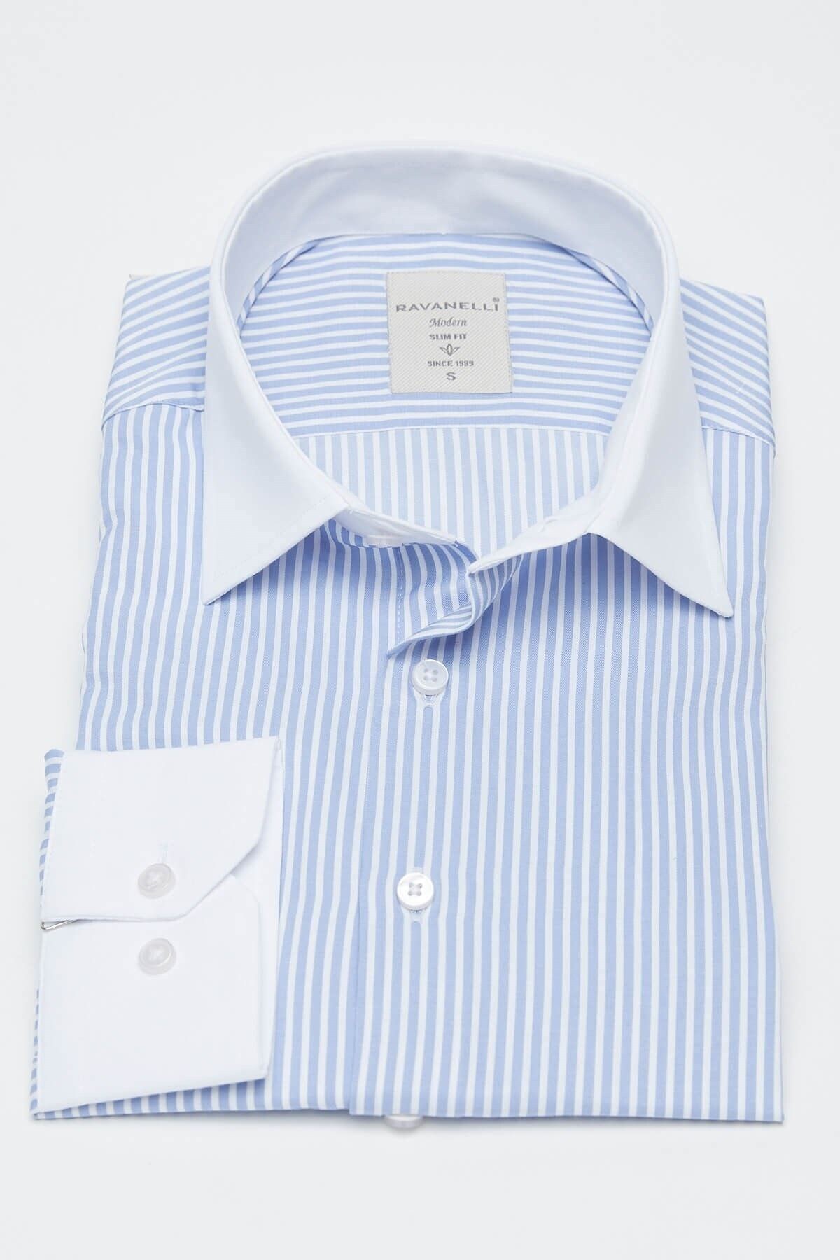 Beyaz Yakalı Mavi Beyaz Çizgili Slim Fit Uzun Kol Gömlek