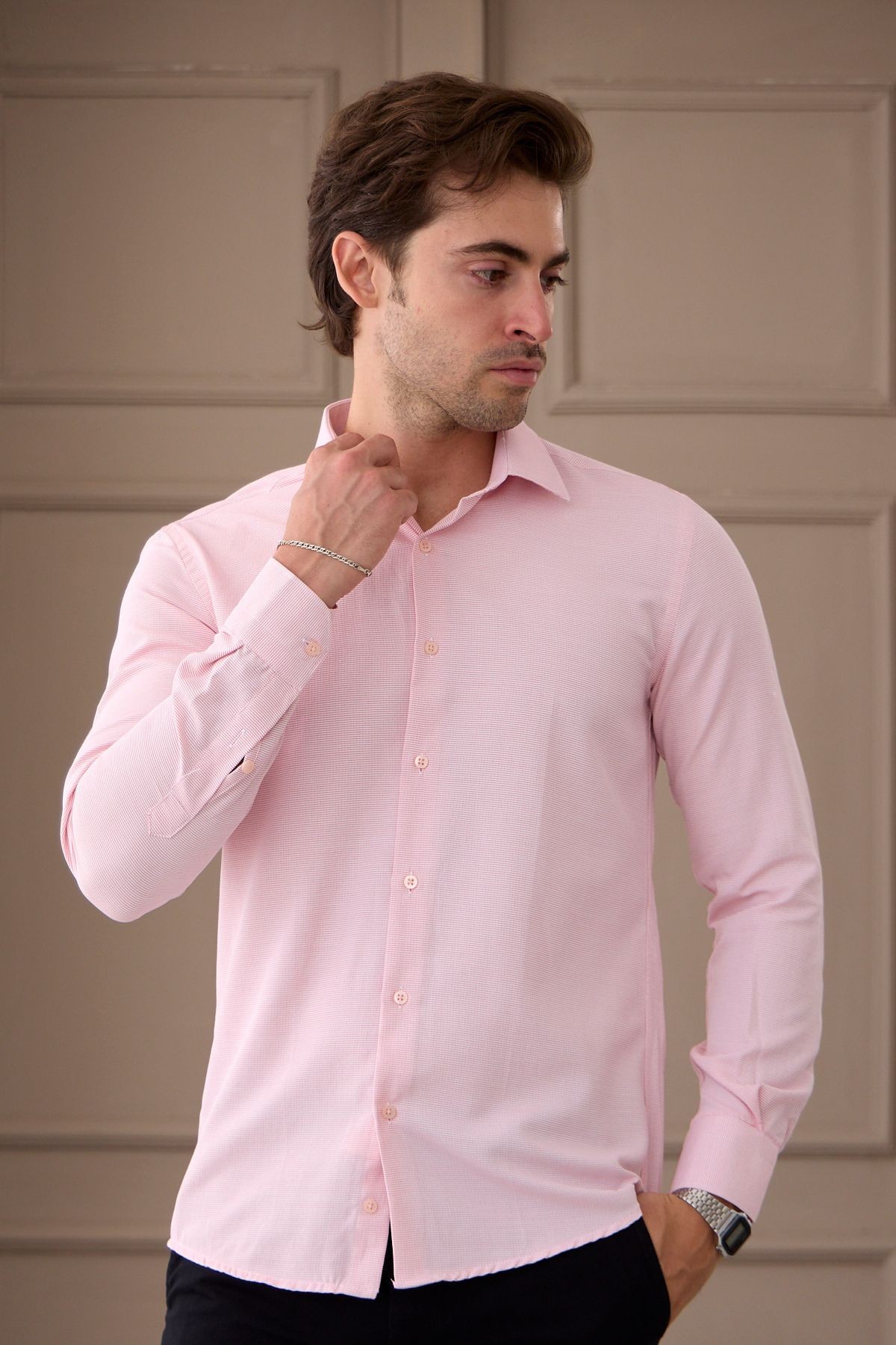 Erkek Pembe Uzun Kol Slim Fit Dar Kesim Klasik Yaka Desenli Pamuklu Gömlek