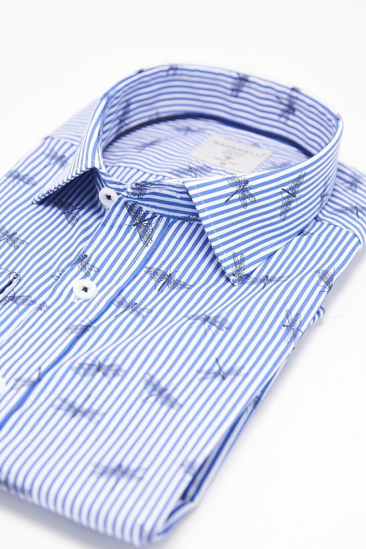 Mavi Baskılı Slim Fit Uzun Kol Gömlek