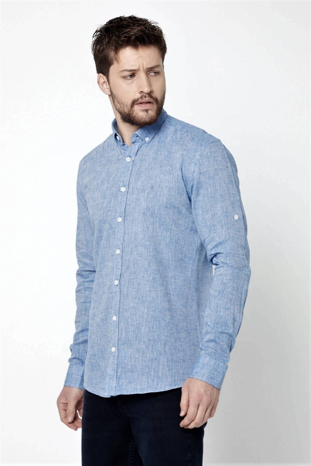 Mavi Slim Fit Uzun Kol Keten Gömlek