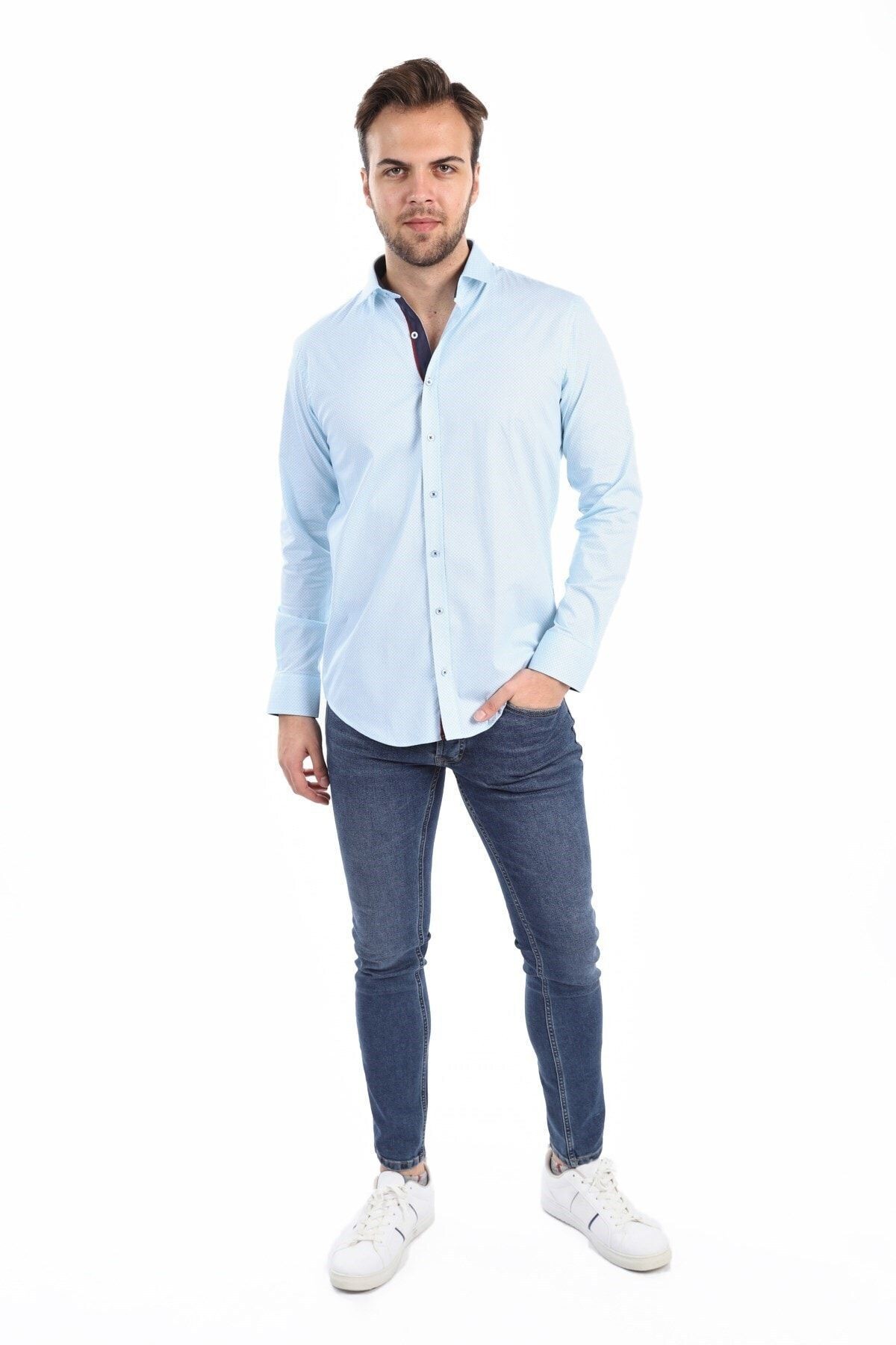Baskılı Turkuaz Slim Fit Gömlek