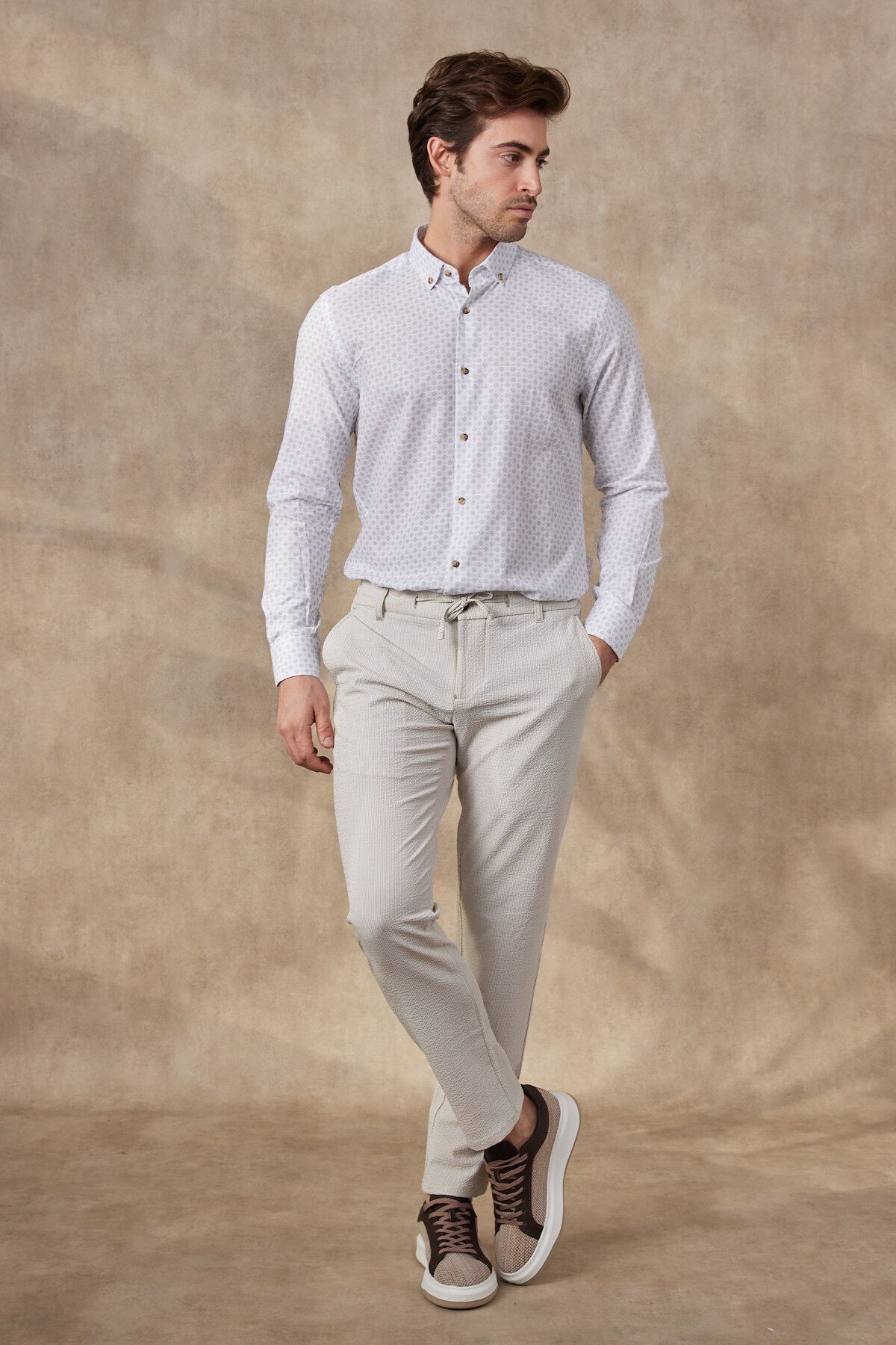 Erkek Baskılı Pamuk Keten Modern Slim Fit Gömlek