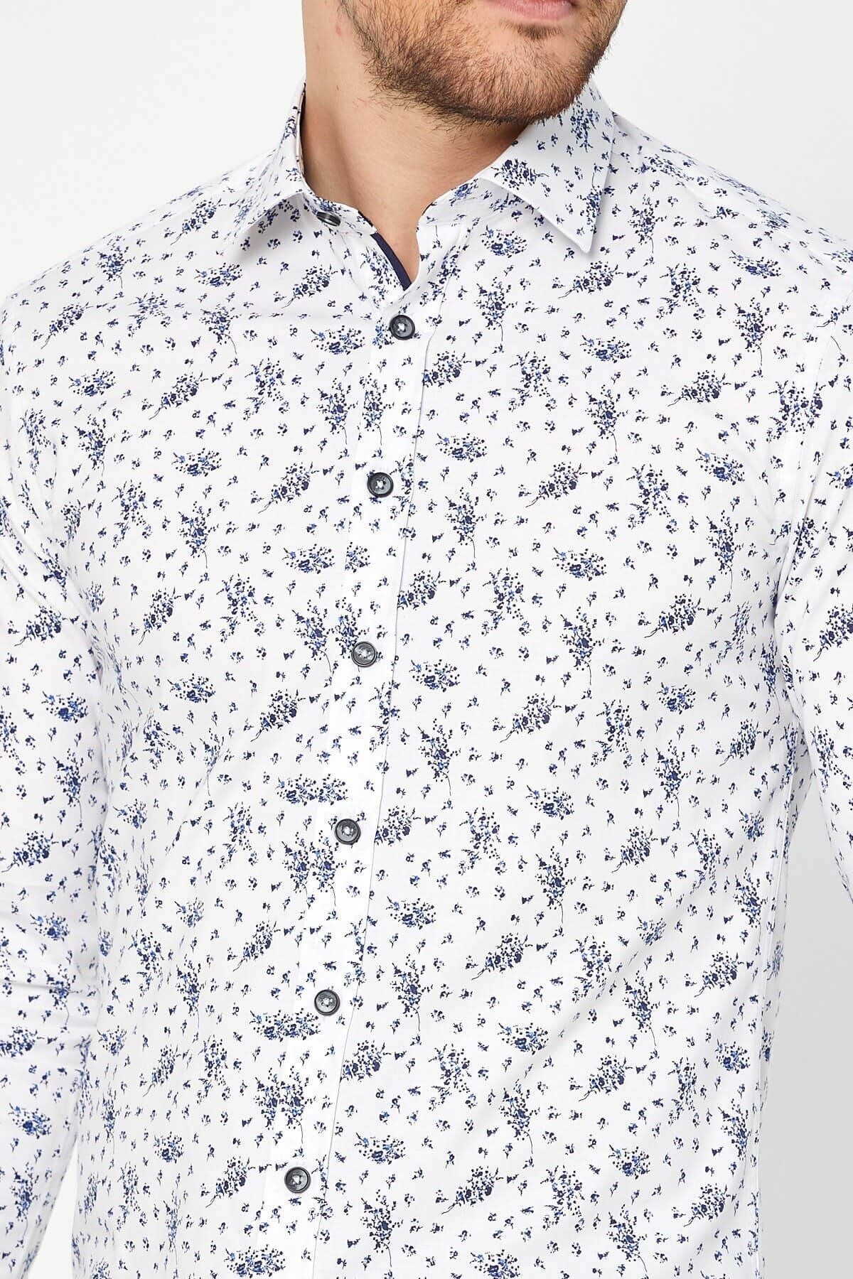 Lacivert Baskılı Beyaz Slim Fit Uzun Kol Gömlek