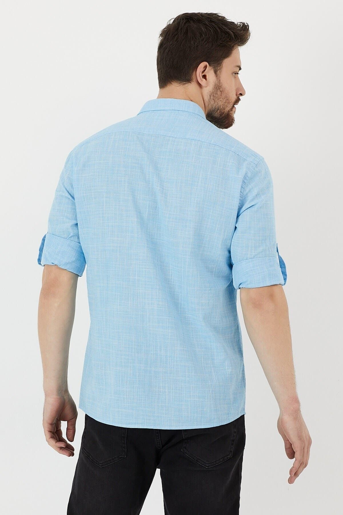 Turkuaz %100 Pamuk Slim Fit Uzun Kol Keten Gömlek