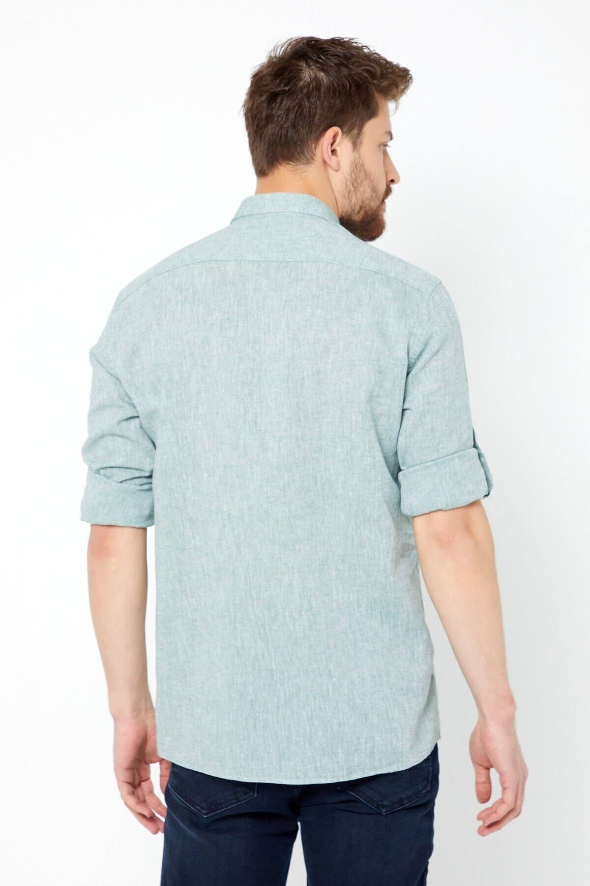 Yeşil Slim Fit Uzun Kol Keten Gömlek
