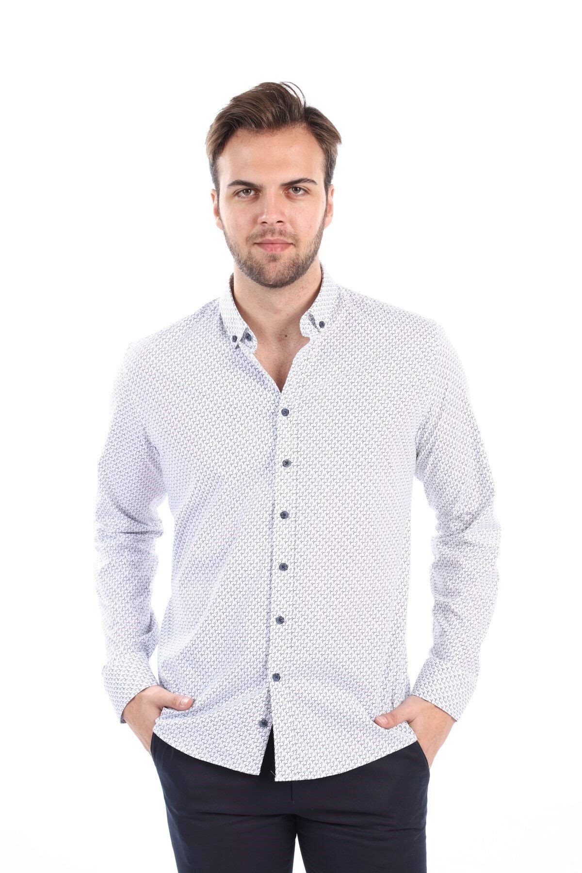 Baskılı Beyaz Slim Fit Likralı Gömlek