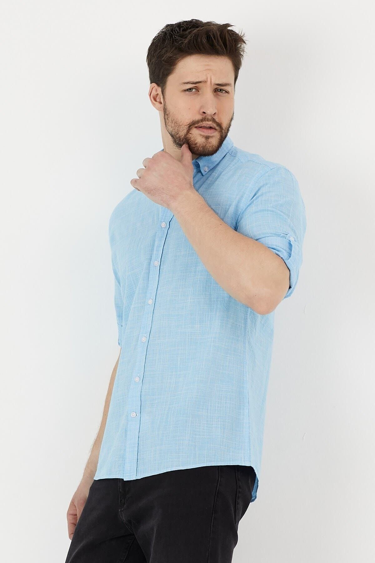 Turkuaz %100 Pamuk Slim Fit Uzun Kol Keten Gömlek