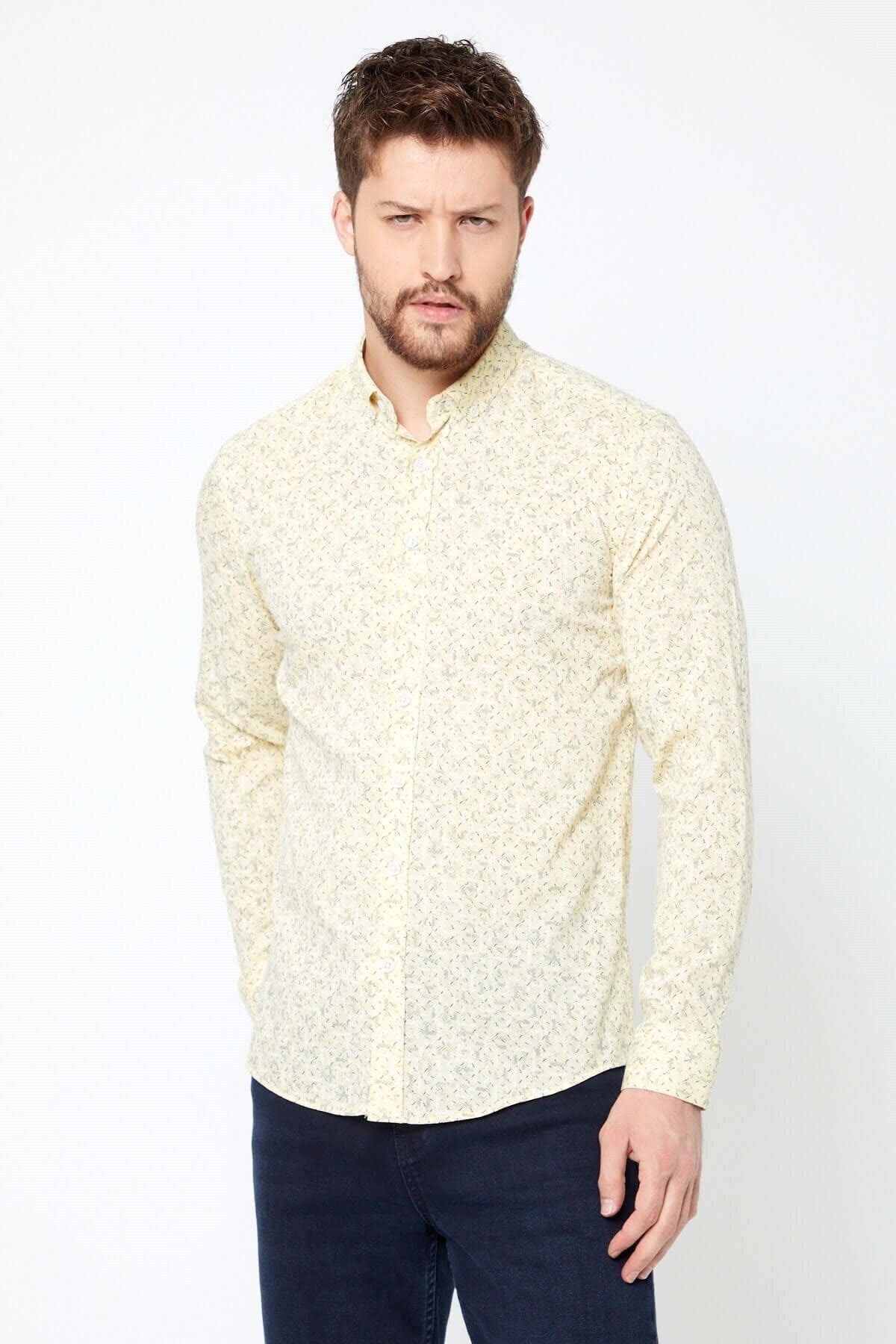 Pamuk Keten Baskılı Sarı Slim Fit Uzun Kol Gömlek