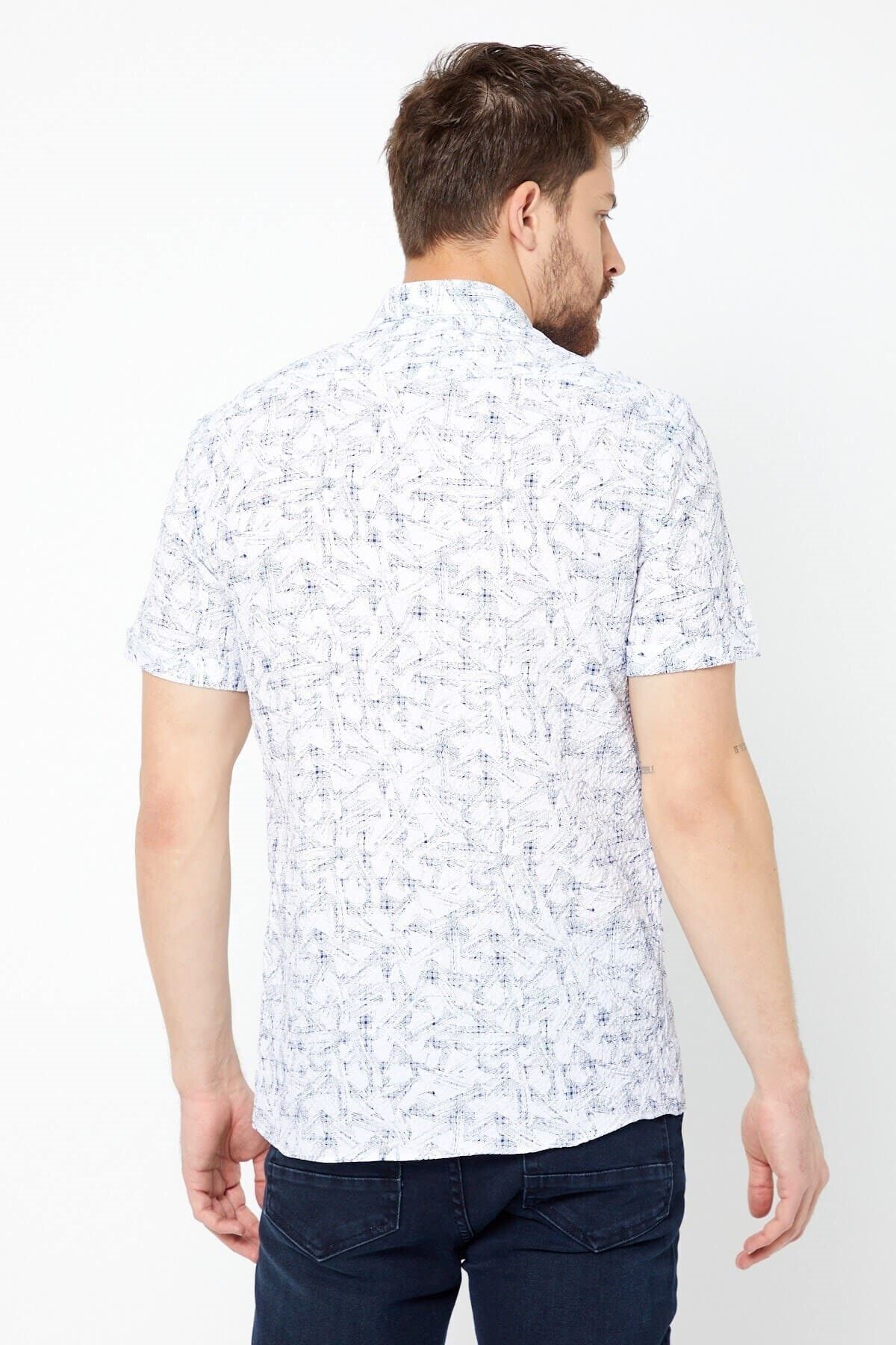 Gofre Baskılı Beyaz Slim Fit Kısa Kol Gömlek