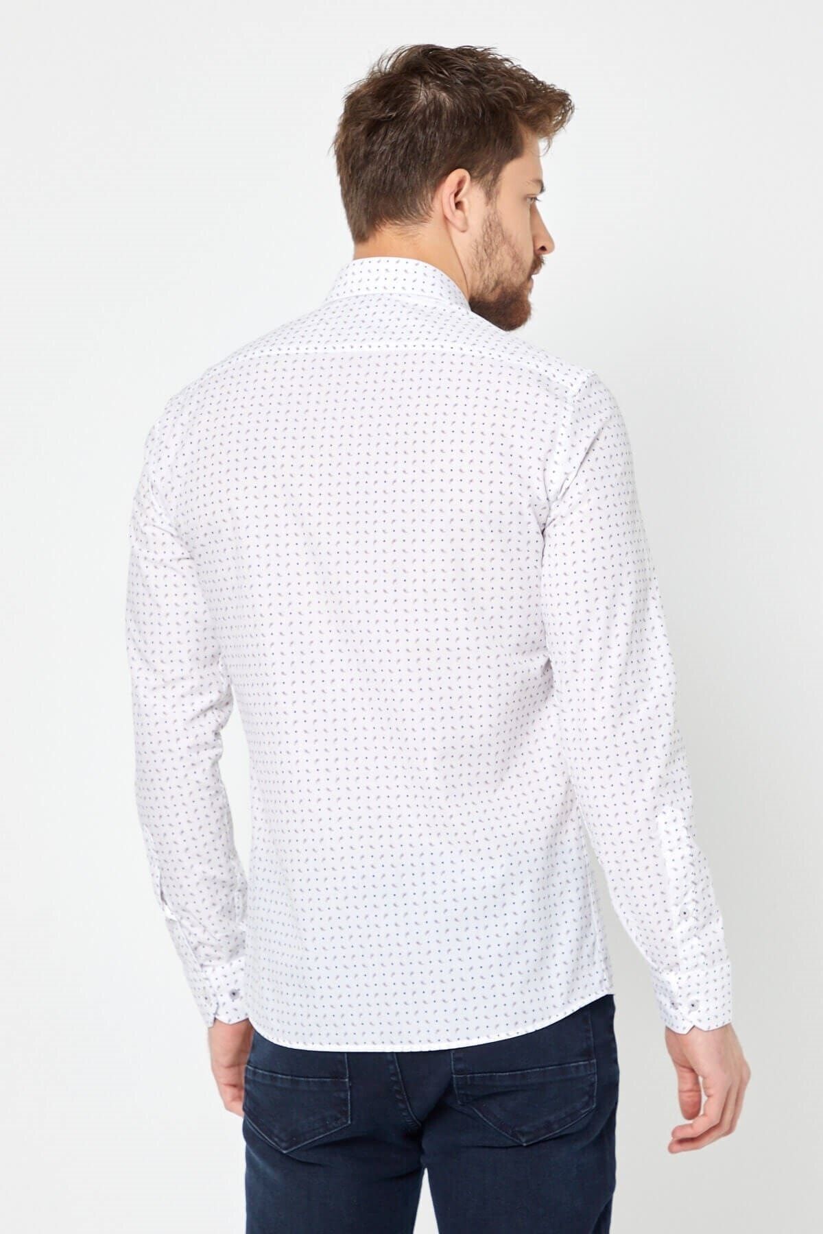 Baskılı Beyaz Slim Fit Uzun Kol Gömlek