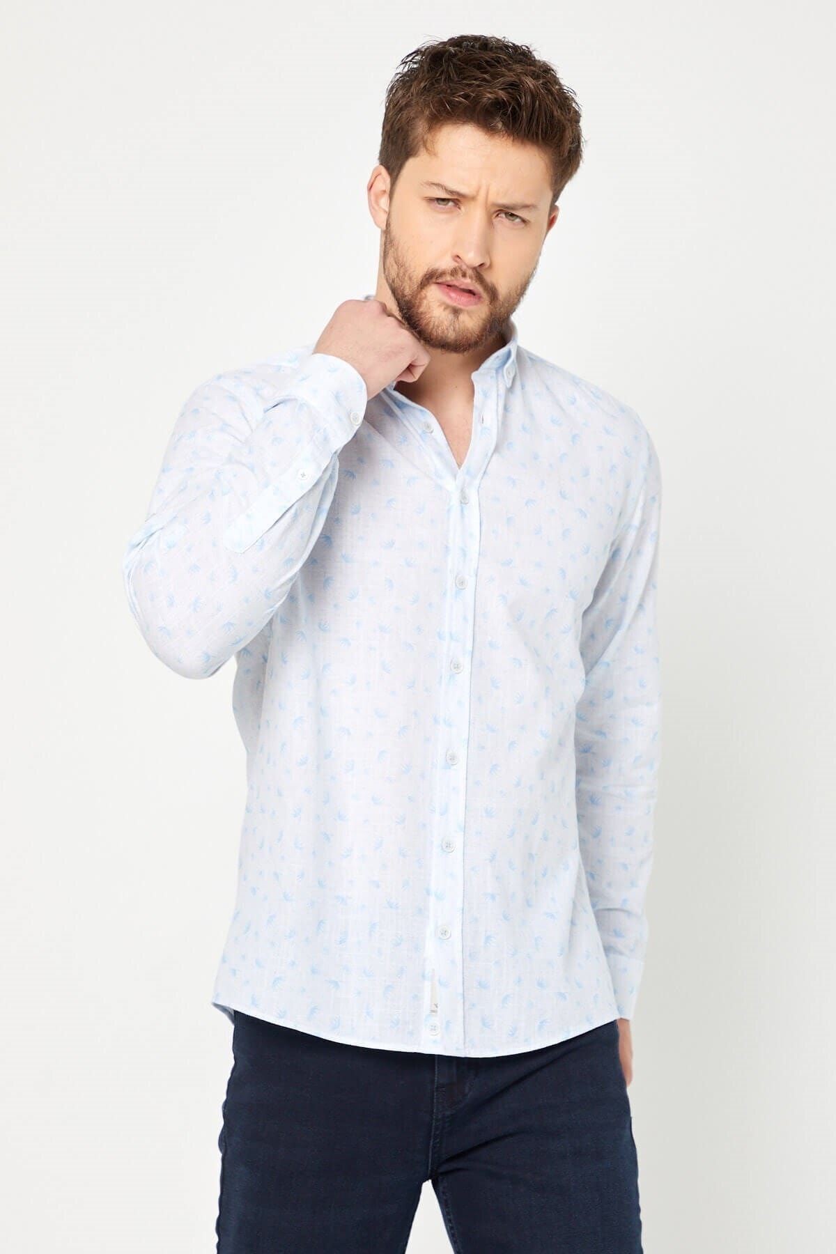 %100 Pamuk Keten Mavi Baskılı Slim Fit Uzun Kol Keten Gömlek