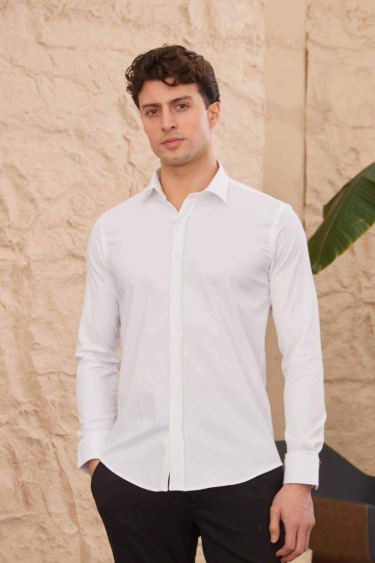 Erkek Beyaz Slim Fit Dar Kesim Pamuklu Oxford Kolay Ütü Klasik Yaka Armürlü Gömlek