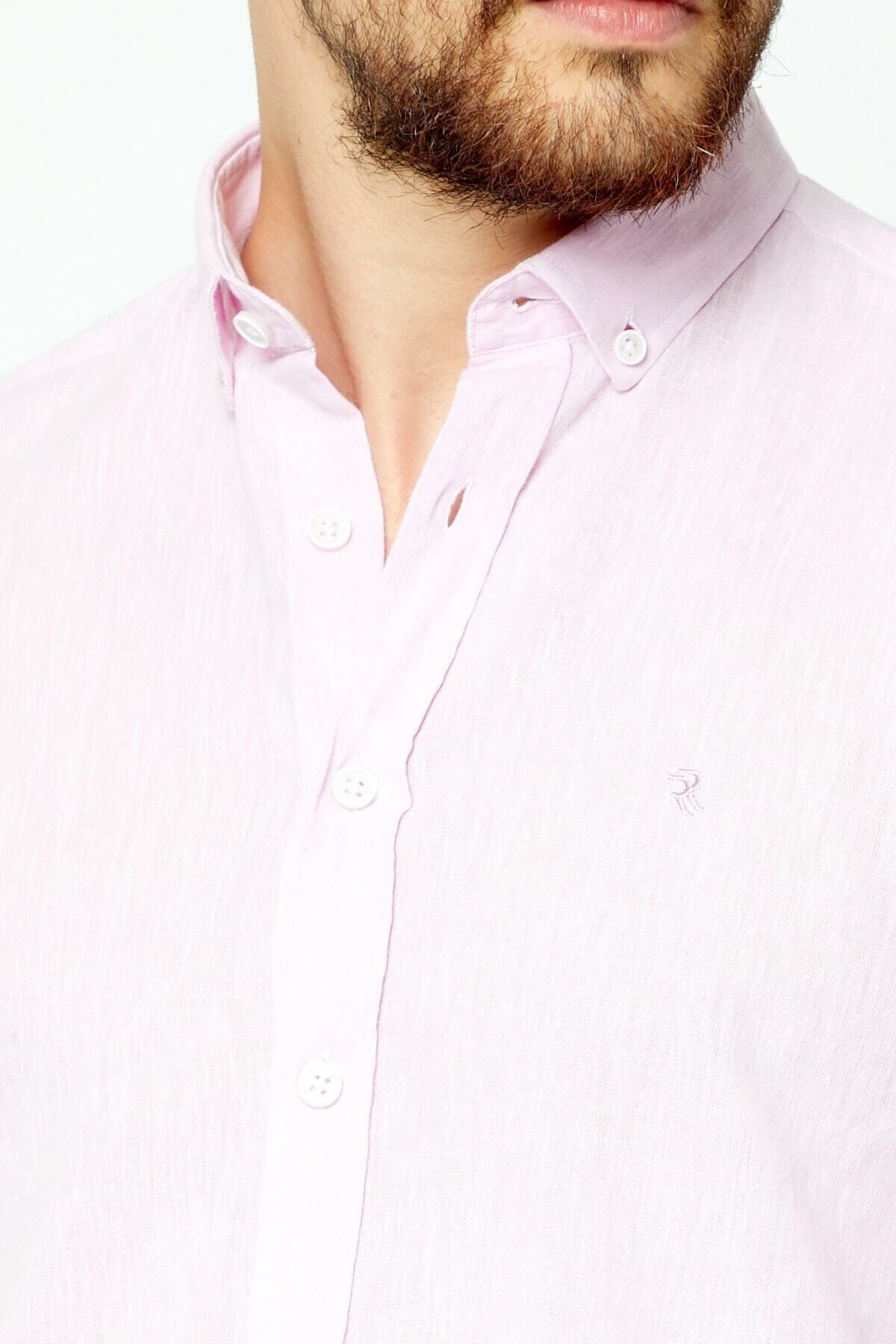 Pembe Slim Fit Uzun Kol Keten Gömlek
