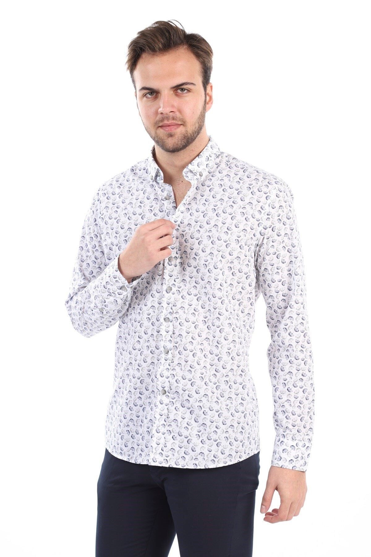 Baskılı Beyaz Slim Fit Gömlek