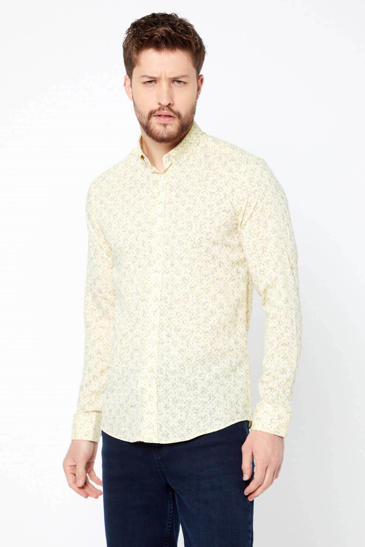 Pamuk Keten Baskılı Sarı Slim Fit Uzun Kol Gömlek