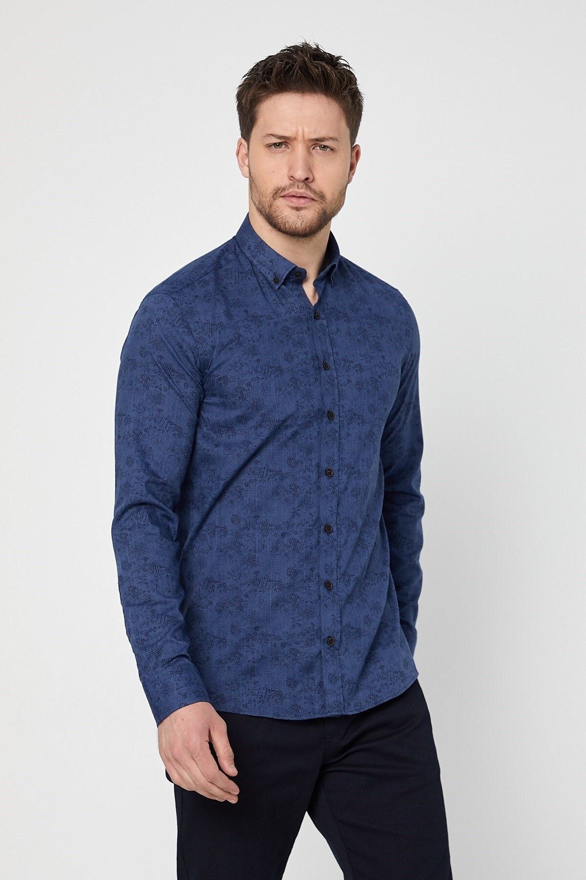 Pamuk Keten Baskılı Lacivert Slim Fit Uzun Kol Gömlek