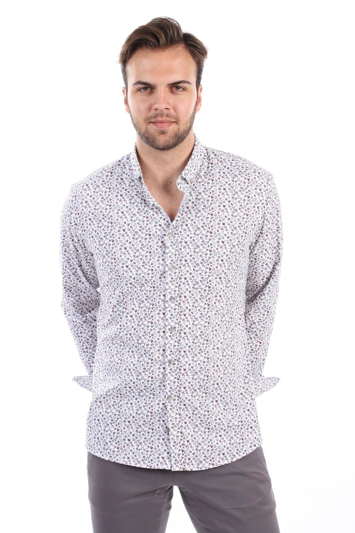 Baskılı Beyaz Slim Fit Likralı Gömlek