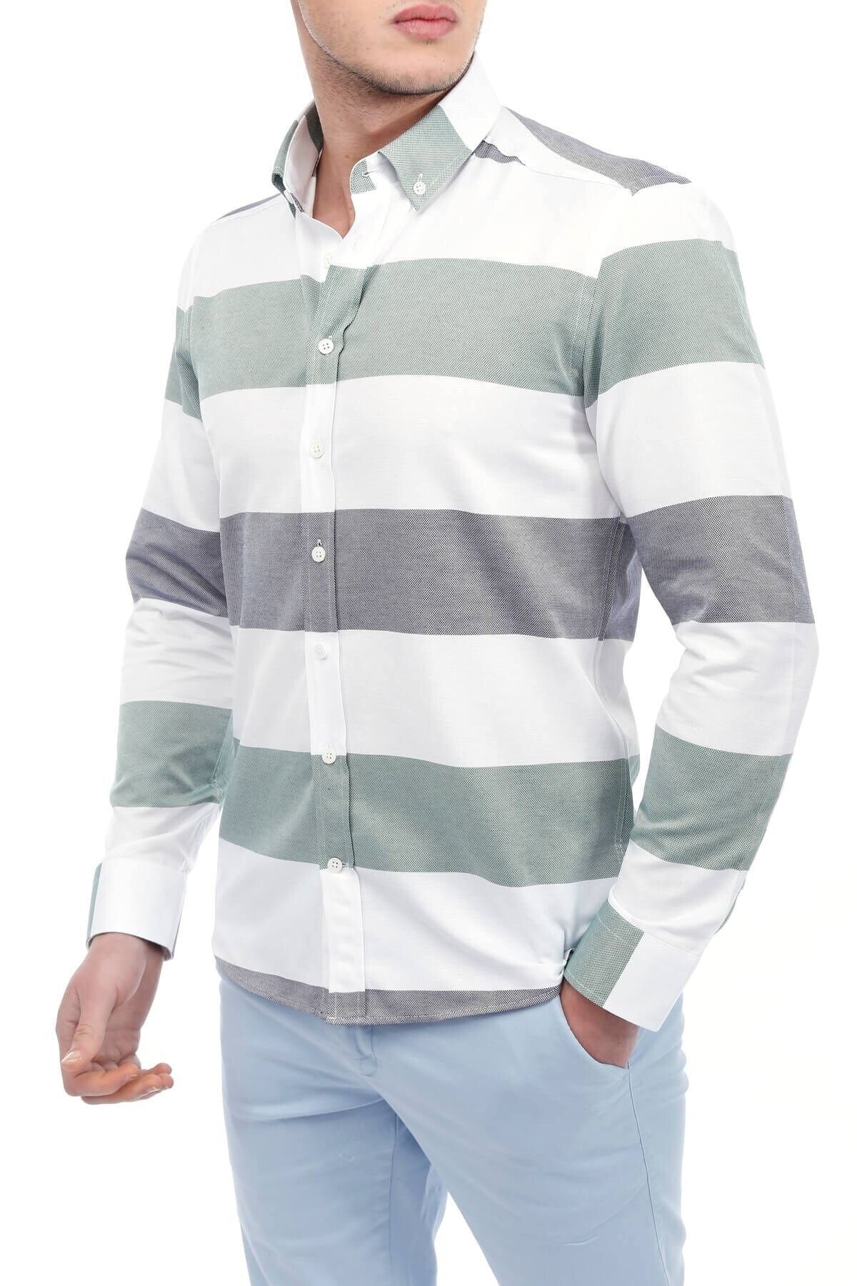 Yeşil Beyaz Panolo Slim Fit Gömlek