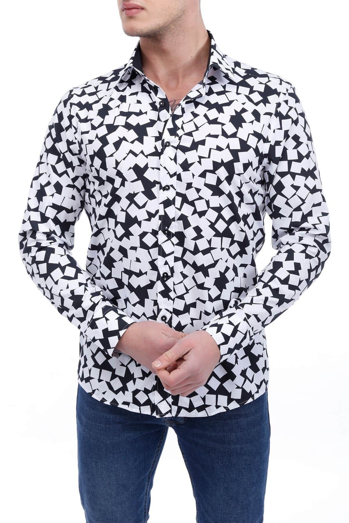 Beyaz Siyah Baskılı Slim Fit Gömlek