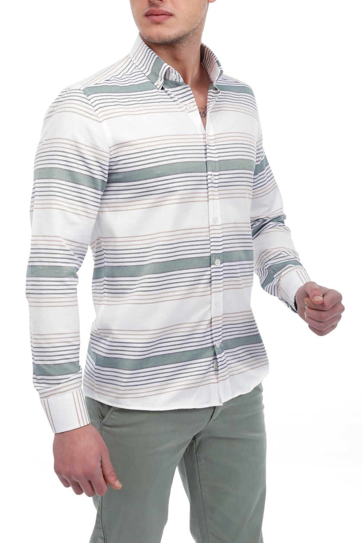 Haki Panolu Beyaz Slim Fit Gömlek