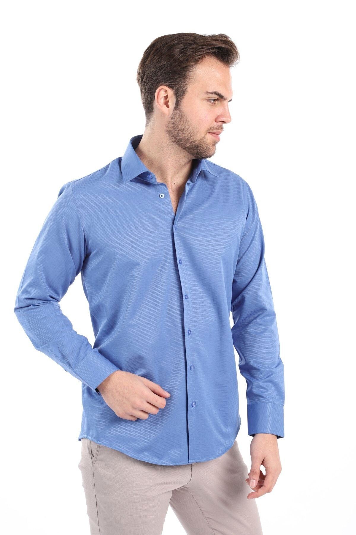Baskılı Mavi Slim Fit Gömlek