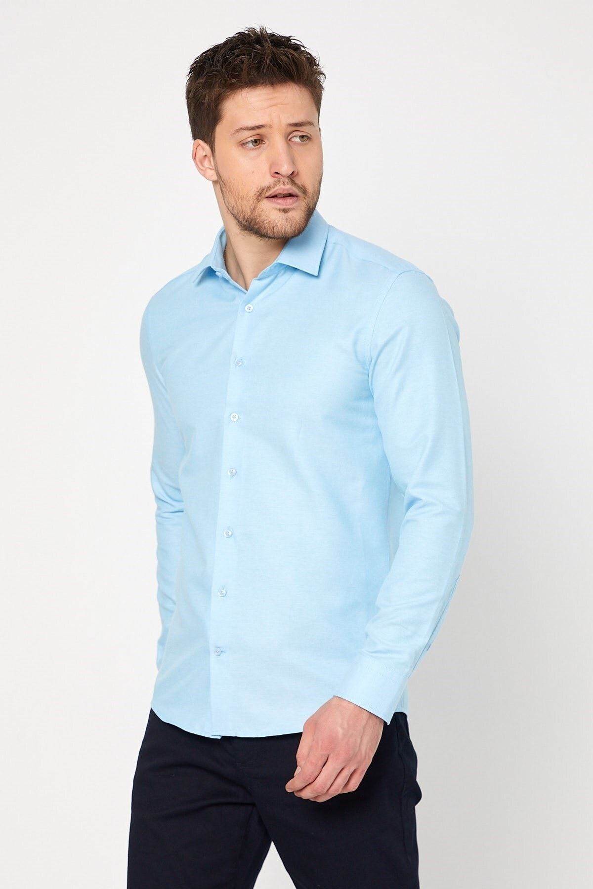 Turkuaz Slim Fit Uzun Kol Gömlek