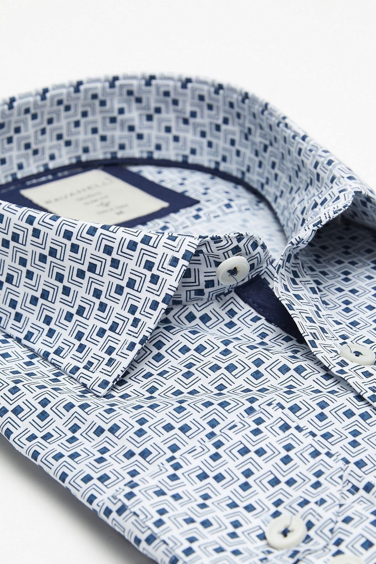 Lacivert Baskılı Beyaz Slim Fit Uzun Kol Gömlek