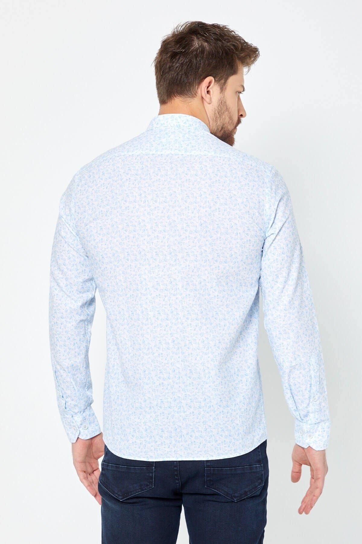 %100 Pamuk Keten Mavi Baskılı Slim Fit Uzun Kol Keten Gömlek