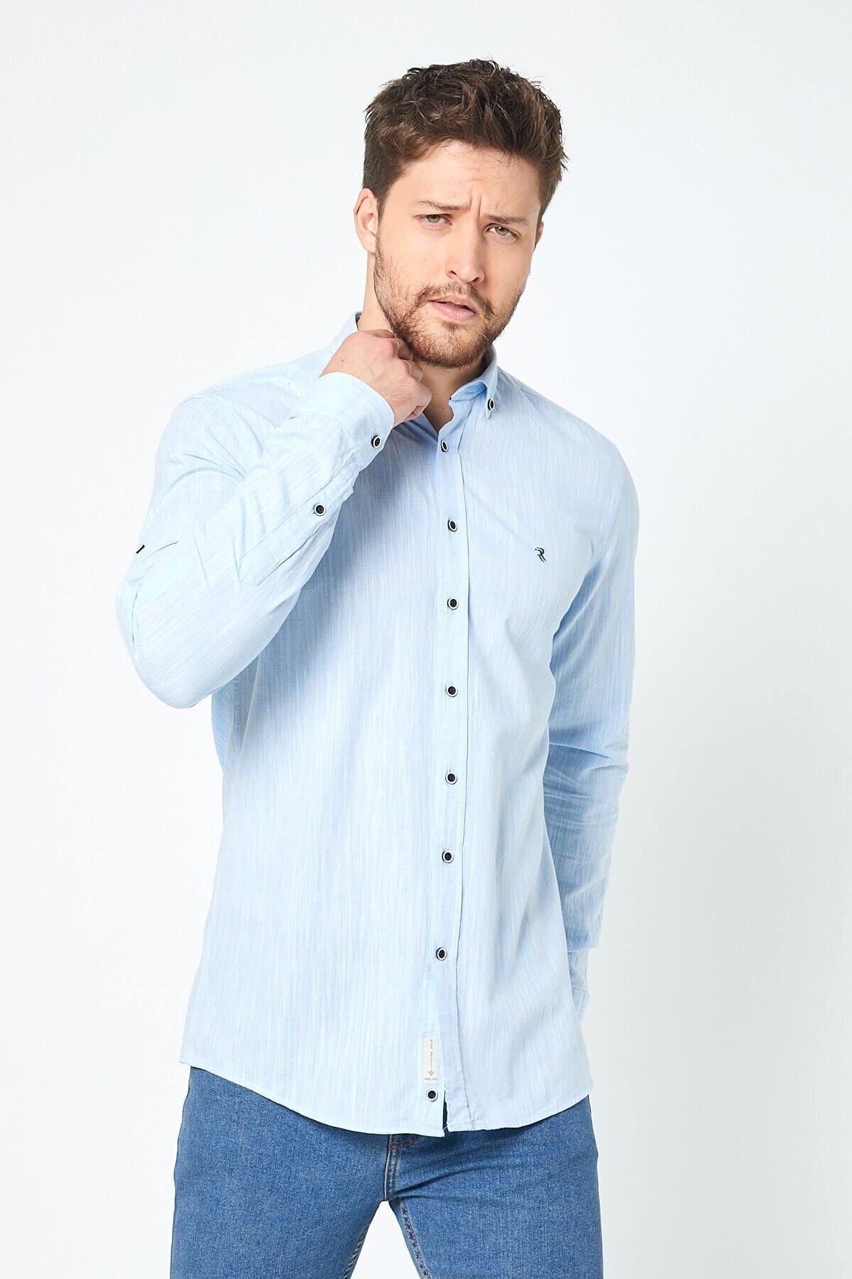 Keten Mavi Slim Fit Uzun Kol Gömlek