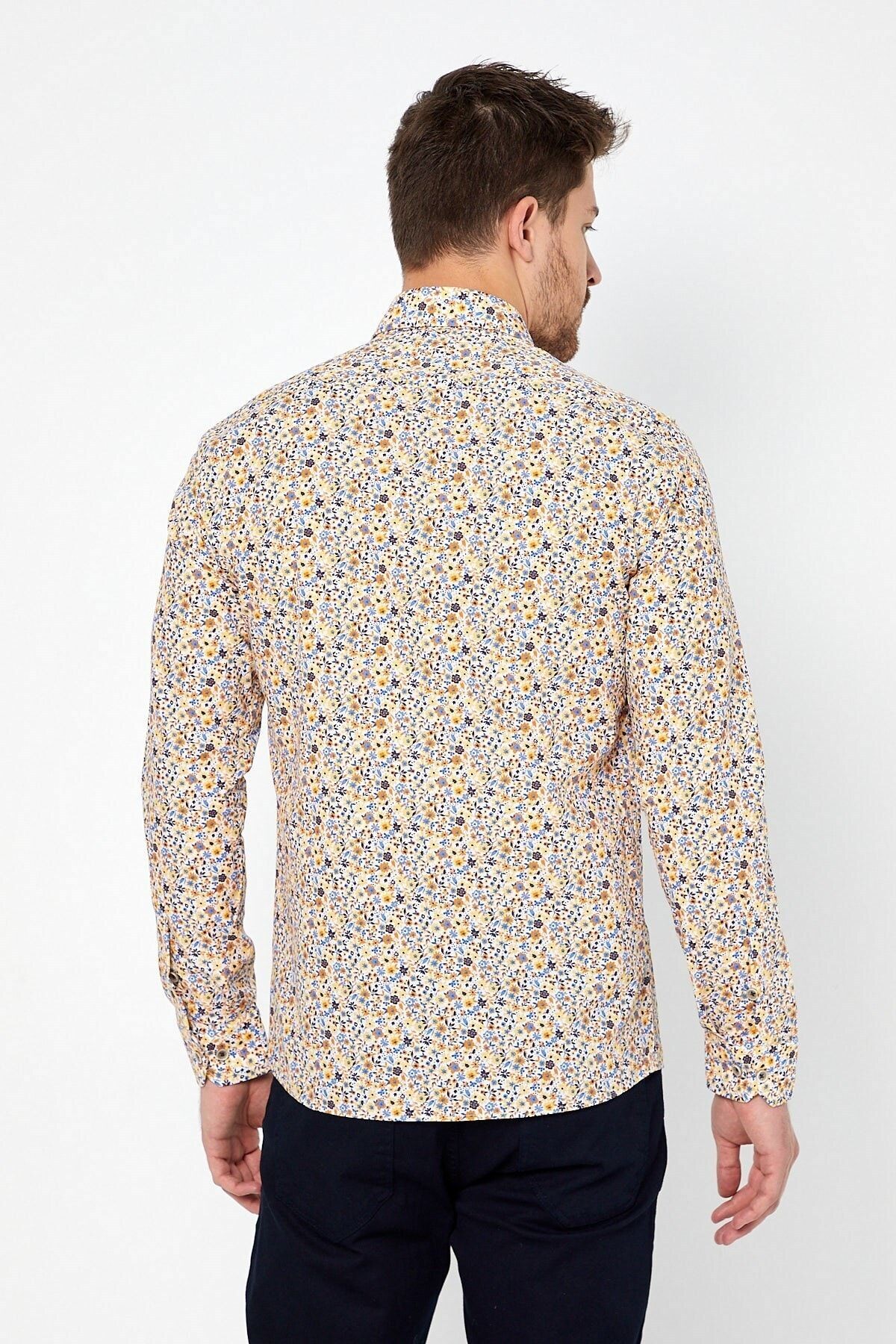 Sarı Çiçek Baskılı Slim Fit Uzun Kol Gömlek