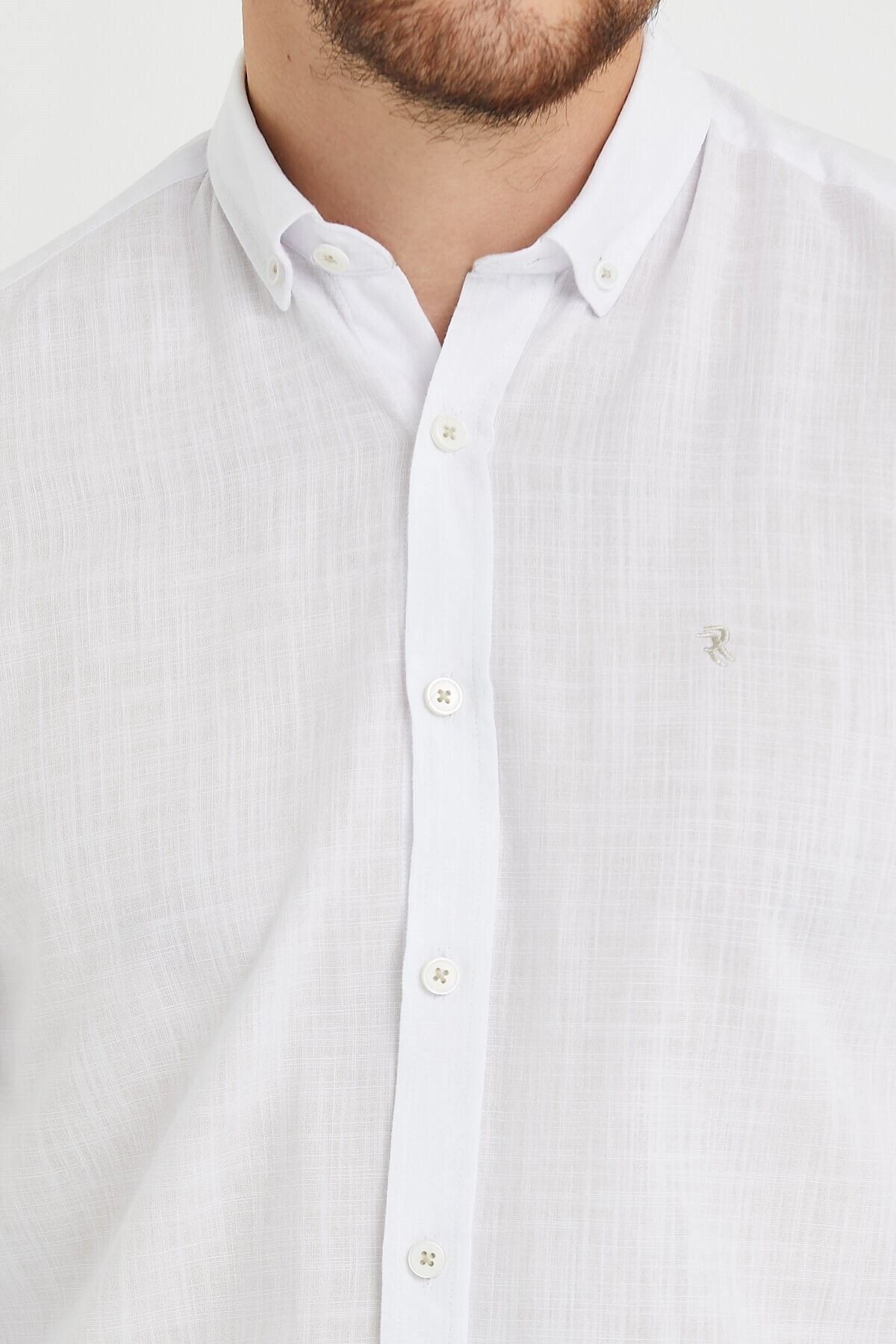 Keten Beyaz Slim Fit Uzun Kol Gömlek