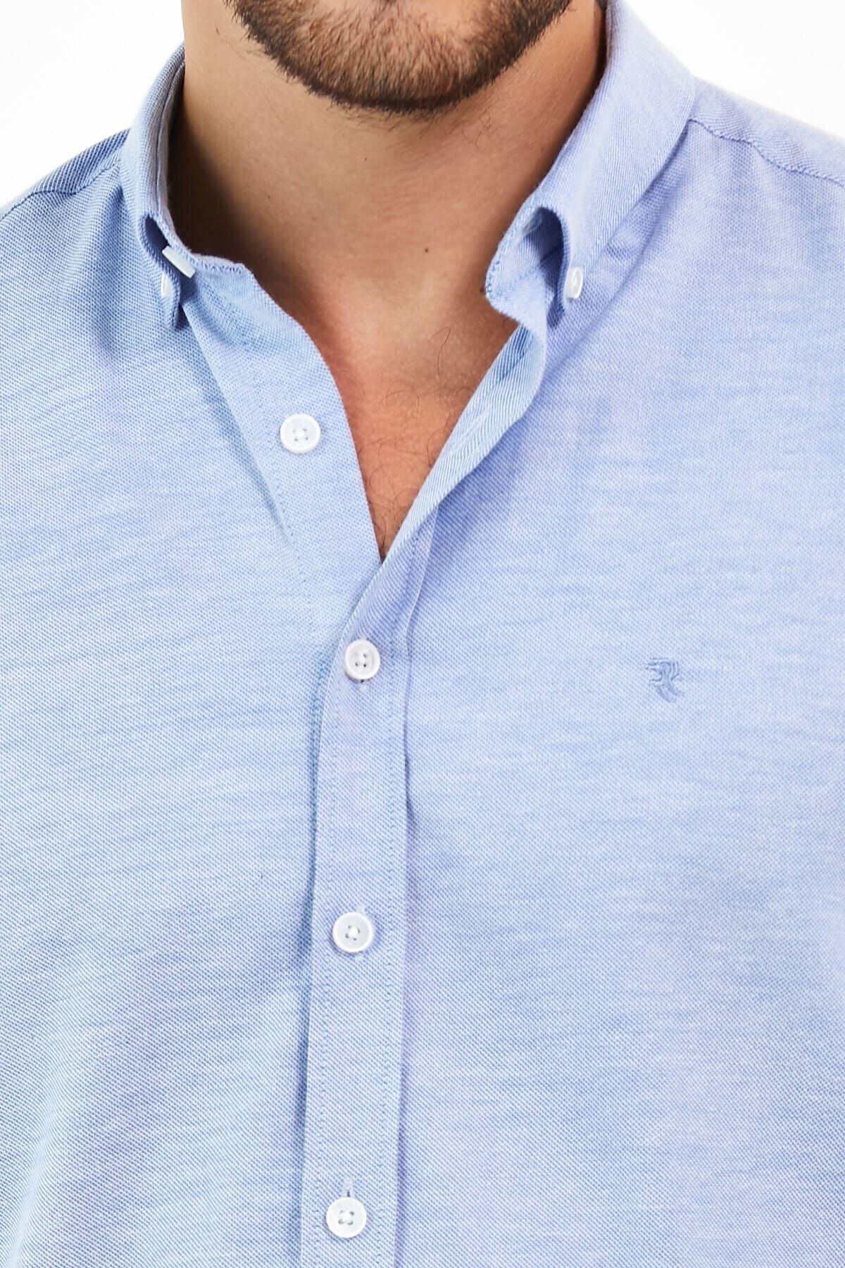 Koyu Mavi Oxford Likra Slim Fit Uzun Kol Gömlek