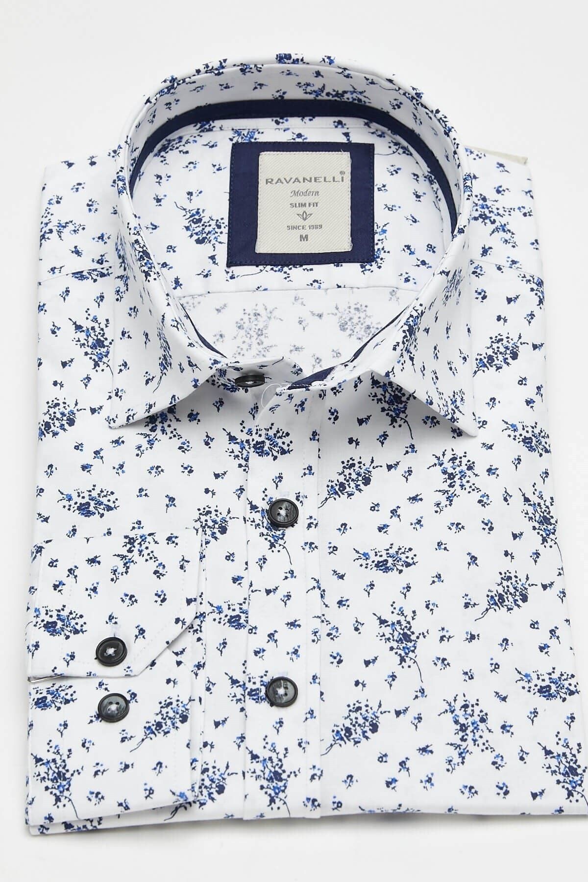 Lacivert Baskılı Beyaz Slim Fit Uzun Kol Gömlek