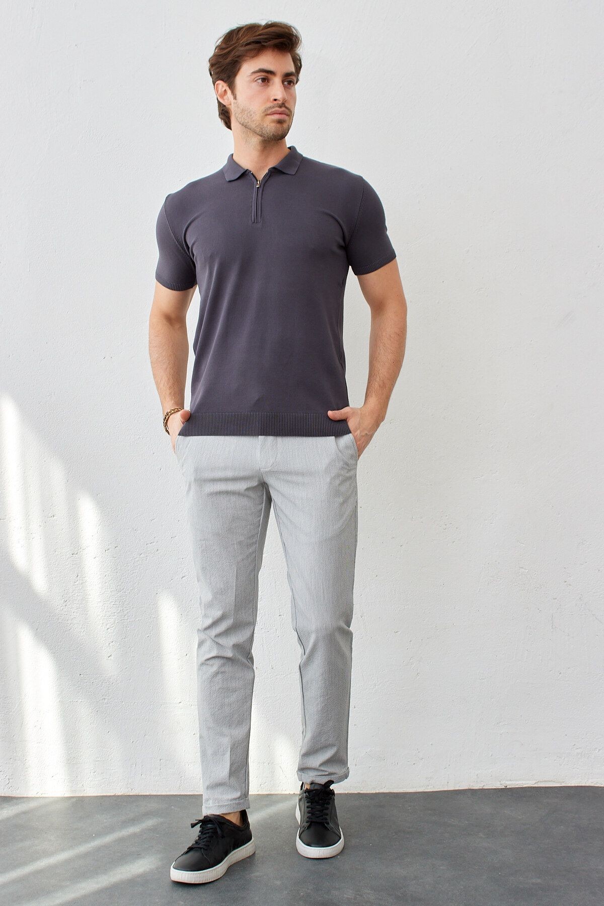 Erkek Modern Slim Fit Fermuarlı Polo Yaka T-Shirt