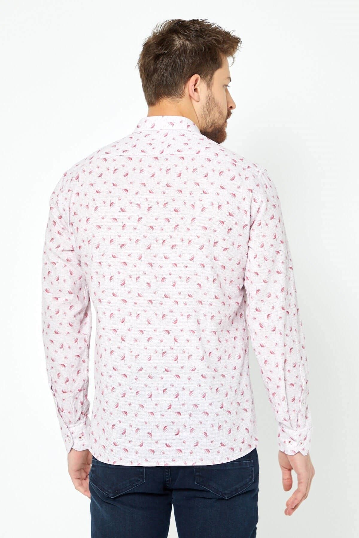 %100 Pamuk Keten Kırmızı Baskılı Slim Fit Uzun Kol Keten Gömlek